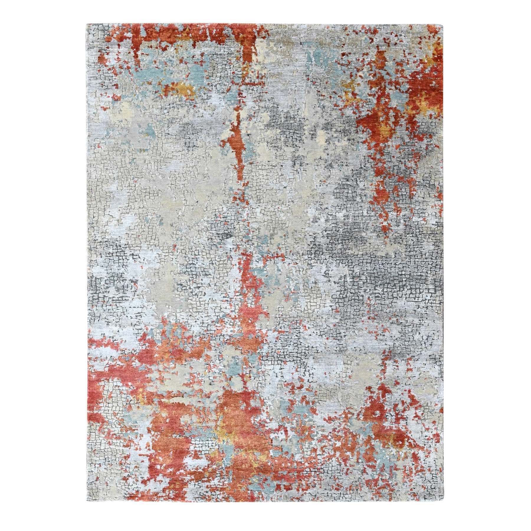 6'1"x8'10" Burnt Orange with Gray, Abstract with Fire Mosaic Design, Hand Knotted, Wool and Silk, Oriental Rug 